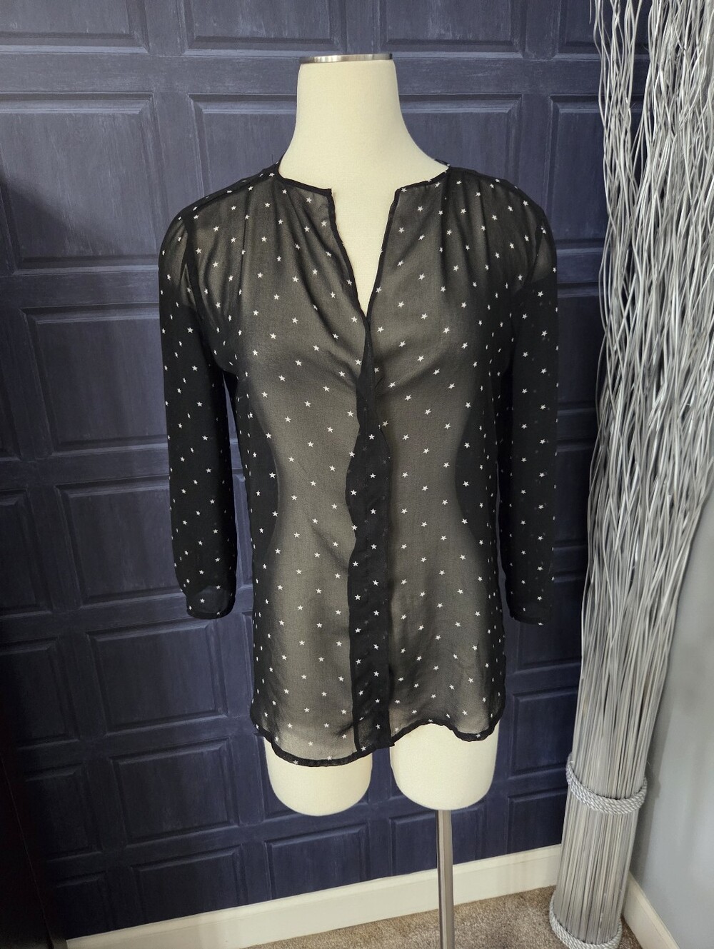 Philosophy Black Sheer Top Decorated With White Stars